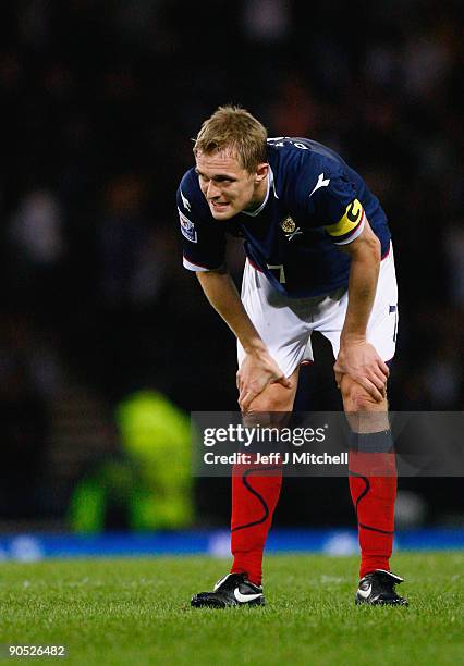 Darren Fletcher of Scotland reacts at the end of the FIFA 2010 World Cup Group 9 Qualifier match beteween Scotland and Netherlands at Hampden Park on...