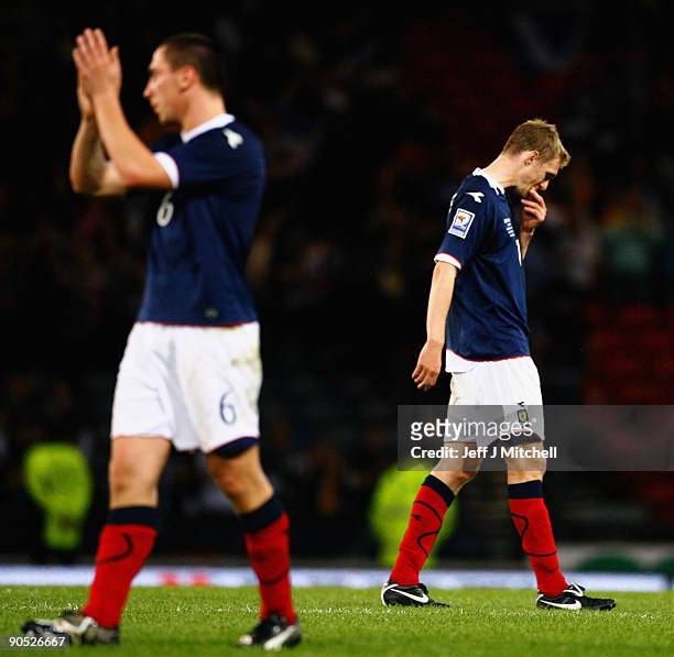 Darren Fletcher of Scotland reacts at the end of the FIFA 2010 World Cup Group 9 Qualifier match beteween Scotland and Netherlands at Hampden Park on...