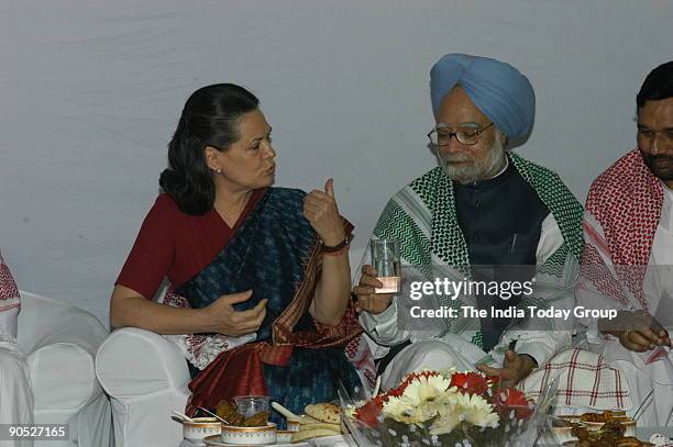 Sonia Gandhi, President of All India Congress Committee and United Progressive Alliance Chairperson with Manmohan Singh, Prime Minister of India at...