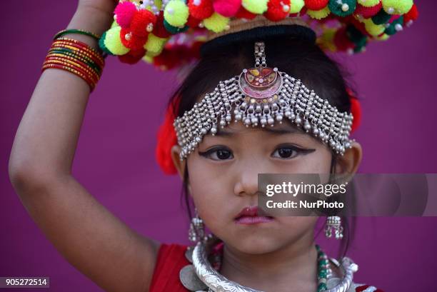 Portrait of Nepalese Tharu community little girl in a traditional attire during prade of the Maghi festival celebrations or the New Year of the Tharu...