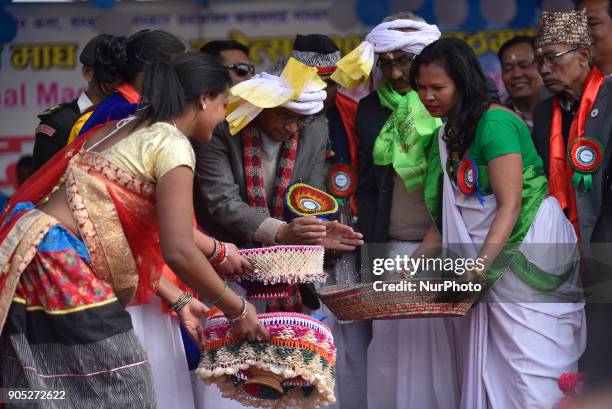 Prime Minister Sher Bhadur Deuba offering traditional rituals during Maghi festival celebrations or the New Year of the Tharu community at Kathmandu,...