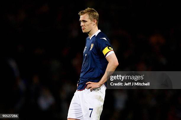 Darren Fletcher of Scotland reacts at the end of the FIFA 2010 World Cup Group 9 Qualifier match beteween Scotland and Netherlands at Hampden Park on...