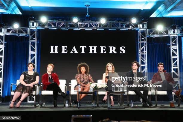 Actors Melanie Field, Brenden Scannell, Jasmine Matthews, Grace Victoria Cox, and James Scully, and executive producer Jason Micallef of 'Heathers'...
