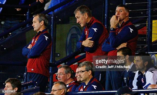 Manager George Burley and assistant manager Terry Butcher of Scotland react during the FIFA 2010 World Cup Group 9 Qualifier match beteween Scotland...