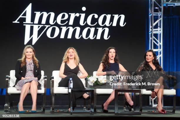 Actors Alicia Silverstone, Mena Suvari, and Jennifer Bartels, and executive producer Kyle Richards of 'American Woman' speak onstage during the...