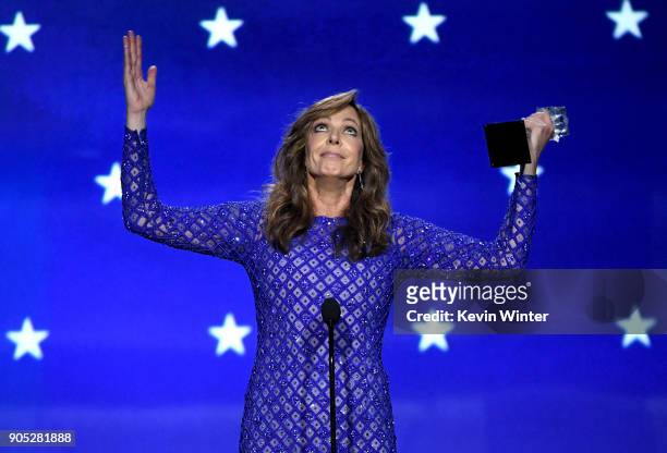 Actor Allison Janney accepts Best Supporting Actress for 'I, Tonya' onstage during The 23rd Annual Critics' Choice Awards at Barker Hangar on January...