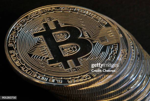 In this photo illustration, a visual representation of the digital Cryptocurrency, Bitcoin is displayed on January 15, 2018 in Paris, France. Bitcoin...