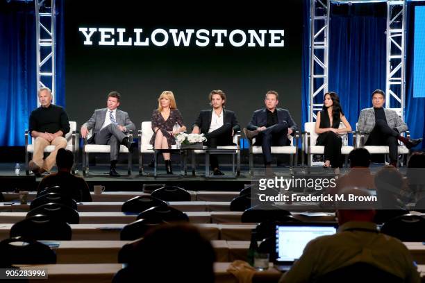 Actor Kevin Costner, producer/writer Taylor Sheridan, and actors Kelly Reilly, Luke Grimes, Cole Hauser, Kelsey Asbille, and Gil Birmingham of...