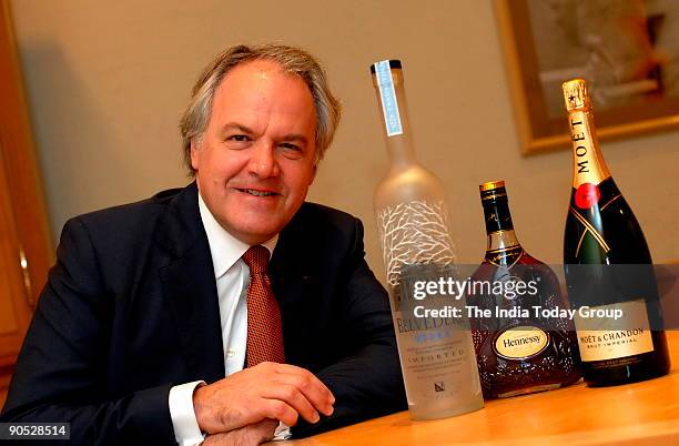 Christophe Navarre Chairman and CEO Moet Hennessy, poses with Belvedere Vodka, Hennessy, Moet Champagne, during the interview in Mumbai, India....
