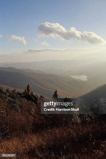 young female dayhiker soaks in the sunset views near asheville, north carolina. - asheville stock pictures, royalty-free photos & images