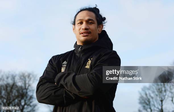 Taulima Tautai of Wigan Warriors poses for a portrait during the Wigan Warriors Media Day at Haigh Hall Hotel on January 15, 2018 in Wigan, England.