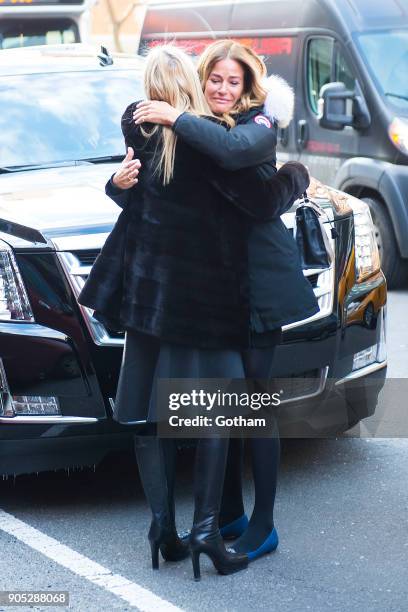 Aviva Drescher and Kelly Bensimon are seen departing from the funeral for Bobby Zarin at Riverside Memorial Chapel on January 15, 2018 in New York...