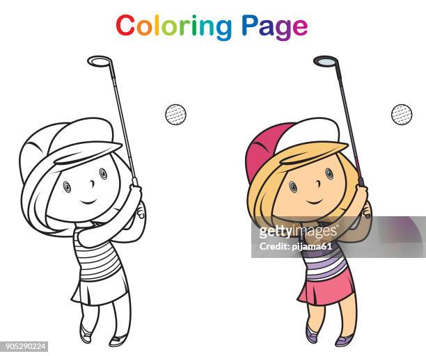 malbuch: mädchen golfspieler - golf girls stock-grafiken, -clipart, -cartoons und -symbole