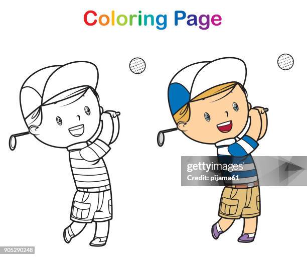 coloring book: boy golf player - child playing golf stock illustrations