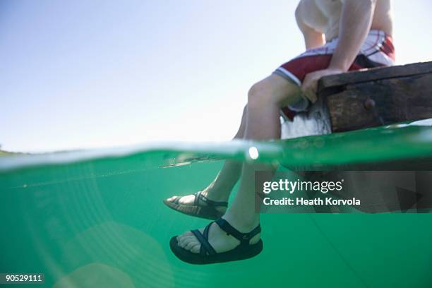 underwater view of feet dangling in water. - lake whitefish stock-fotos und bilder