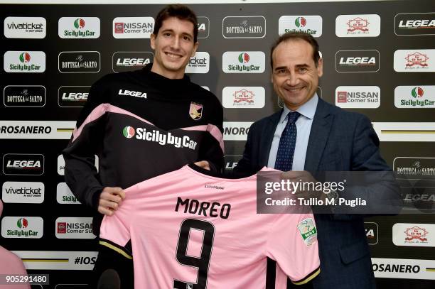 Stefano Moreo poses with Sport Director Fabio Lupo during his presentation as new player of US Citta' di Palermo at Carmelo Onorato training center...