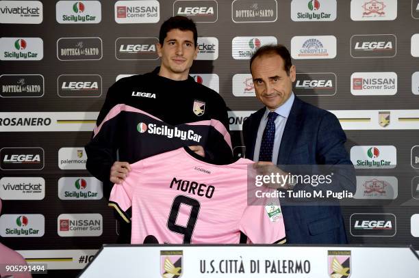 Stefano Moreo poses with Sport Director Fabio Lupo during his presentation as new player of US Citta' di Palermo at Carmelo Onorato training center...