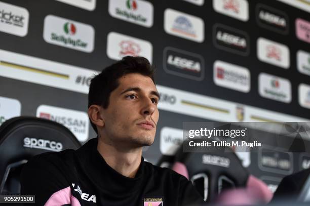 Stefano Moreoanswers questions during his presentation as new player of US Citta' di Palermo at Carmelo Onorato training center on January 15, 2018...