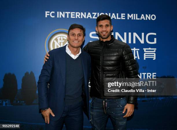 Vice President FC Internazionale Javier Zanetti and Lisandro Ezequiel López of FC Internazionale pose for a photo prior to the FC Internazionale...