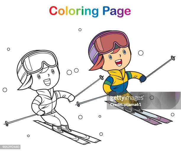 coloring book: girl skiing - kids skiing stock illustrations