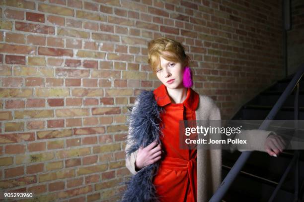 Model poses ahead of the Dawid Tomaszewski show during the MBFW January 2018 at ewerk on January 15, 2018 in Berlin, Germany.