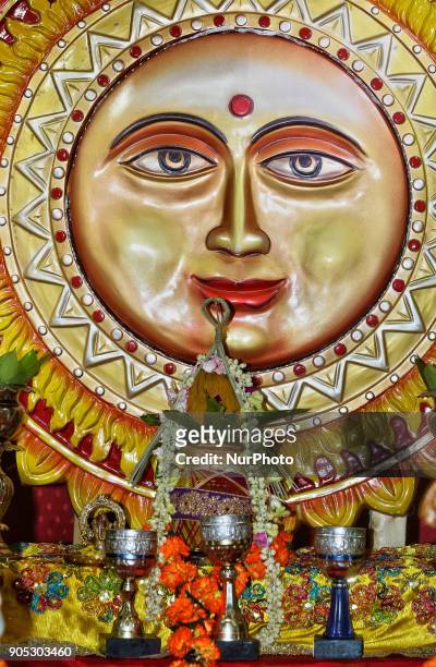 Shrine honoring the Sun God on the occasion of the Thai Pongal Festival at a Tamil Hindu temple in Ontario, Canada, on January 14, 2018. The Tamil...