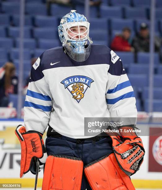 Ukko-Pekka Luukkonen of Finland during a break in play against Slovakia in the third period during the IIHF World Junior Championships at the KeyBank...