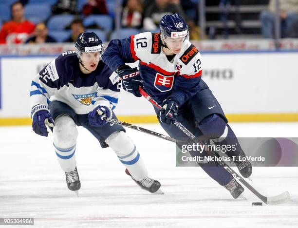 Michal Ivan of Slovakia skates the puck past Aapeli Räsänen of Finland during the first period of play in the IIHF World Junior Championships at the...