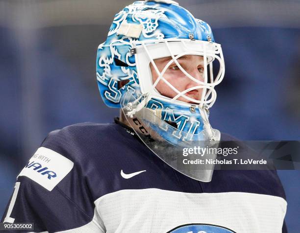 Ukko-Pekka Luukkonen of Finland during the first period of play against Slovakia in the IIHF World Junior Championships at the KeyBank Center on...