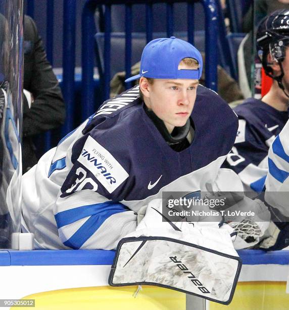 Lassi Lehtinen of Finland on the bench during the first period of play against Slovakia in the IIHF World Junior Championships at the KeyBank Center...