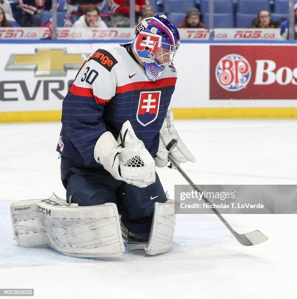 Roman Durny of Slovakia makes a save against Finland during the second period of play in the IIHF World Junior Championships at the KeyBank Center on...