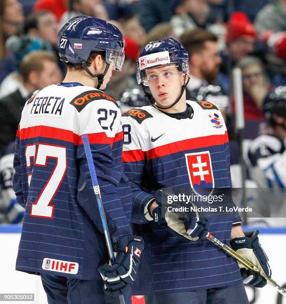 Adam Liska and Samuel Fereta of Slovakia strategize against Finland during the second period of play in the IIHF World Junior Championships at the...