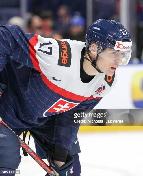 Milos Kelemen of Slovakia waits for a face-off against Finland during the second period of play in the IIHF World Junior Championships at the KeyBank...