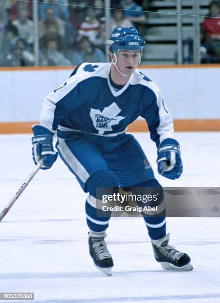 Greg Terrion of the Toronto Maple Leafs skates against the Calgary Flames during NHL game action on February 20, 1986 at the Saddledome in Calgary,...