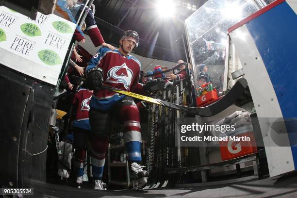 Mikko Rantanen of the Colorado Avalanche takes to the ice prior to the game against the Anaheim Ducks at the Pepsi Center on January 15, 2018 in...