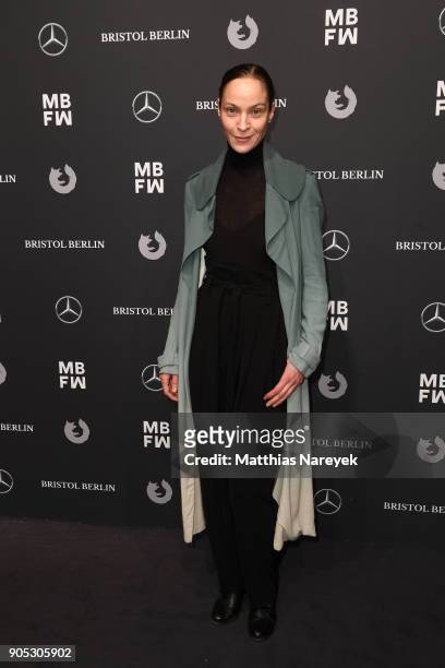 Actress Jeanette Hain attends the Dawid Tomaszewski show during the MBFW Berlin January 2018 at ewerk on January 15, 2018 in Berlin, Germany.