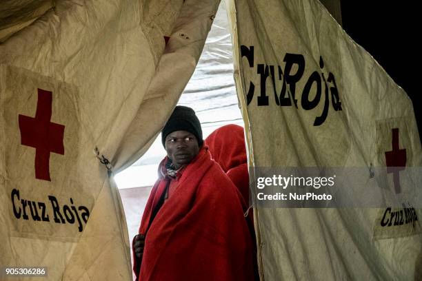 Arrival of rescued migrants at the Malaga Harbour, south of Spain on 13 January 2018. Two &quot;pateras&quot;, dinghy boats, with a total of 109...