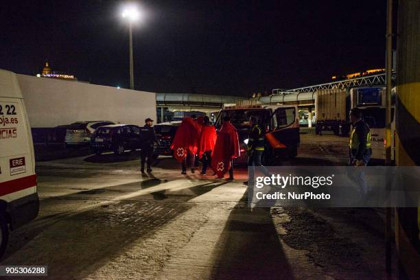 Arrival of rescued migrants at the Malaga Harbour, south of Spain on 13 January 2018. Two &quot;pateras&quot;, dinghy boats, with a total of 109...