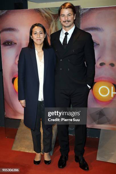 Director Atsuko Hirayanagi and Actor Josh Hartnett attends the "Oh Lucy" Paris Premiere at UGC Cine Cite des Halles on January 15, 2018 in Paris,...