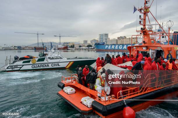 Arrival of rescued migrants at the Malaga Harbour, south of Spain on 13 January 2018. Two &quot;pateras&quot;, dinghy boats, with a total of 109...