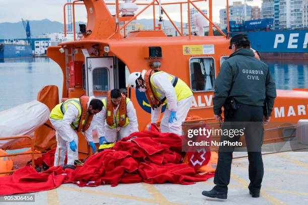 Arrival of rescued migrants at the Malaga Harbour, south of Spain on 13 January 2018. Two &quot;pateras&quot;, dinghy boats, with a total of 109...