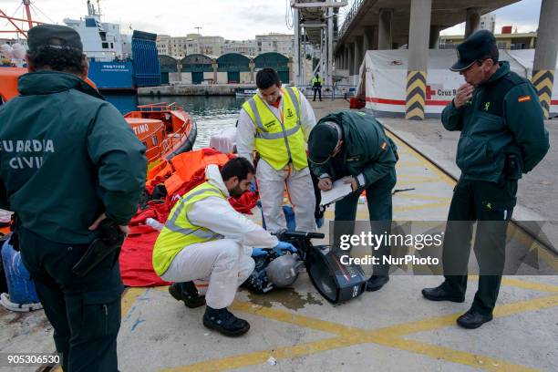 Arrival of rescued migrants at the Malaga Harbour, south of Spain on 13 January 2018. Two &quot;pateras&quot;, dinghy boats, with a total of 109...