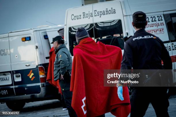 Arrival of rescued migrants at the Malaga Harbour, south of Spain on 13 January 2018. Two &quot;pateras&quot;, dinghy boats, with a total of 109...