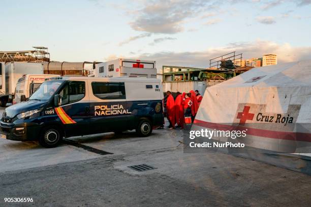 Arrival of rescued migrants at the Malaga Harbour, south of Spain on 13 January 2018. Two &quot;pateras&quot;, dinghy boats, with a total of 109...