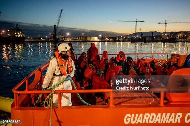 Arrival of rescued migrants at the Malaga Harbour, south of Spain on 13 January 2018. Two &quot;pateras&quot;, dinghy boats, with a total of 109...