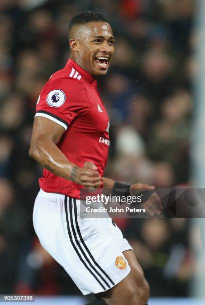 Antonio Valencia of Manchester United celebrates scoring their first goal during the Premier League match between Manchester United and Stoke City at...