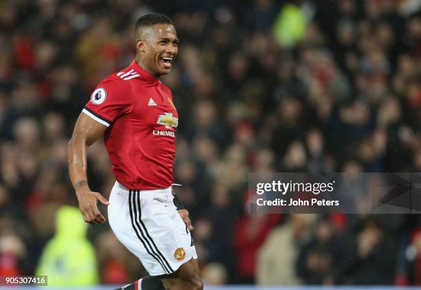 Antonio Valencia of Manchester United celebrates scoring their first goal during the Premier League match between Manchester United and Stoke City at...