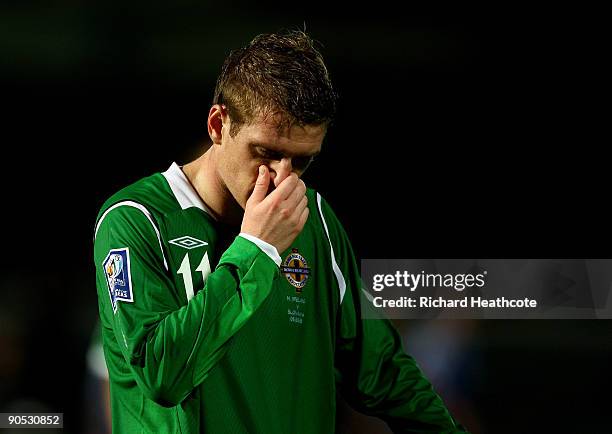 Steven Davis of Northern Ireland looks dejected at the final whistle during the FIFA 2010 World Cup Qualifier between Northern Ireland and Slovakia...