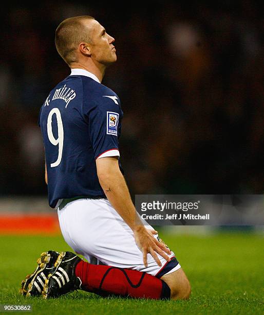Kenny Miller of Scotland reacts during the FIFA 2010 World Cup Group 9 Qualifier match beteween Scotland and Netherlands at Hampden Park on September...