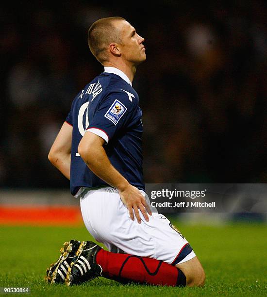 Kenny Miller of Scotland reacts during the FIFA 2010 World Cup Group 9 Qualifier match beteween Scotland and Netherlands at Hampden Park on September...